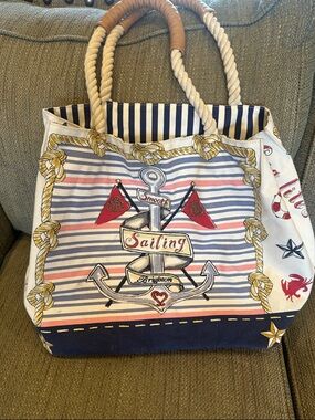 Brighton Navy, White & Red Nautical Rope-Handle Tote